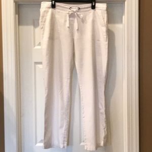 White Linen pants with drawstring waist.